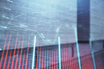 Double exposure of stock market graph on empty exterior background. Concept of analysis