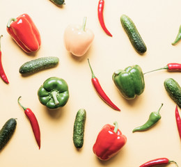 Above view at Chili pepper and cucumbers