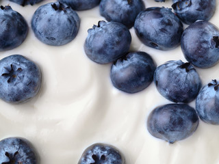Yogurt with blueberries. Close-up, top view