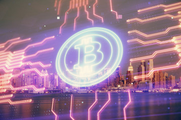 Multi exposure of cryptocurrency theme hologram drawing and city veiw background. Concept of blockchain and bitcoin.