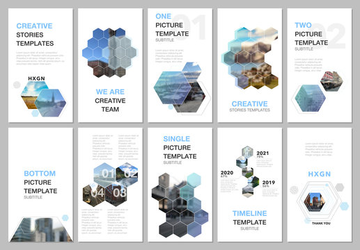 Creative social networks stories design, vertical banner or flyer templates with hexagones and hexagonal shapes on white background. Covers design templates for flyer, leaflet, brochure, presentation - Powered by Adobe
