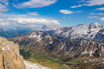 Fototapeta na wymiar Mountain view from the Maria refuge located on the Pordoi Pass, Trentino alto Adige - Italy