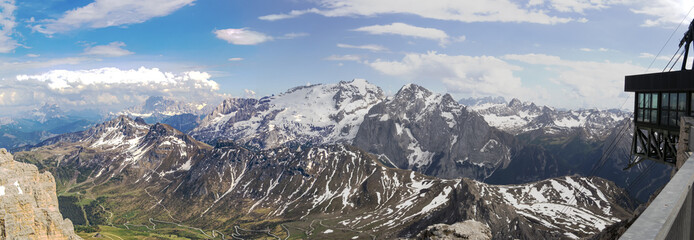 Fototapeta premium Mountain view from the Maria refuge located on the Pordoi Pass, Trentino alto Adige - Italy