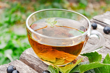 Black currant and a cup of tea with currant leaves on a wooden table against the background of green grass.