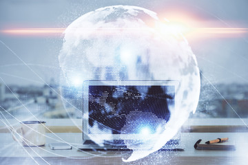 Multi exposure of business theme icons and table with computer background. Concept of success.
