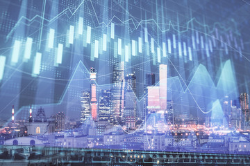 Double exposure of financial chart on Moscow city downtown background. Concept of stock market analysis