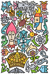A collection of decorative motifs and comic characters based on medieval and gothic designs