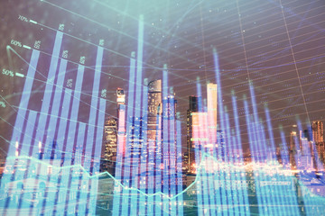 Double exposure of financial chart on Moscow city downtown background. Concept of stock market analysis