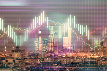 Fototapeta na wymiar Double exposure of financial chart on Moscow city downtown background. Concept of stock market analysis
