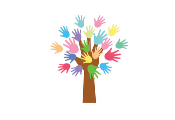A tree of colored hands instead of leaves. The concept of goodness, help, support.