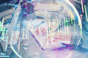 Multi exposure of businessman working on laptop on background. International business hologram in front. Concept of success.