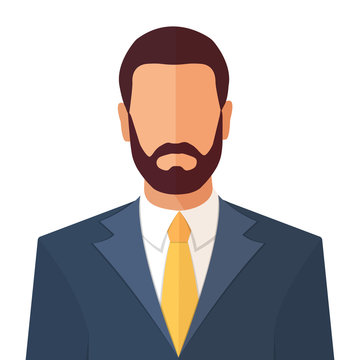 Business man with beard in a suit and a tie portrait flat style cartoon vector illustration isolated on white.