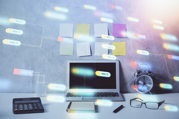 Multi exposure of table with computer on background and data theme drawing. Concept of innovation.