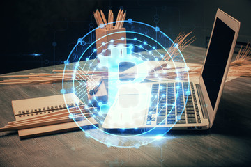 Double exposure of blockchain and crypto economy theme hologram and table with computer background. Concept of bitcoin cryptocurrency.