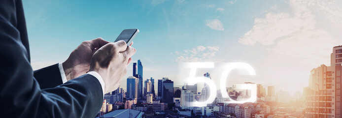 Internet networking, 5G internet and wireless technology. Businessman using mobile smart phone