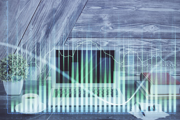 Multi exposure of forex graph and work space with computer. Concept of international online trading.