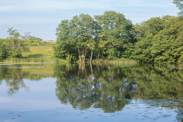 Fototapeta na wymiar lake in the forest and blue sky