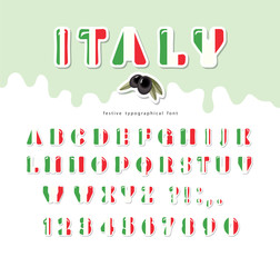 Italy font. Italian flag colors. Paper cutout glossy ABC letters and numbers. National alphabet creative design. Vector