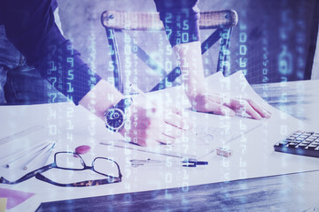 Writing man with technology icons. . Double exposure. Network and data concept.