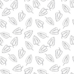 Bell pepper vector seamless pattern. Grey contour pepper on white background