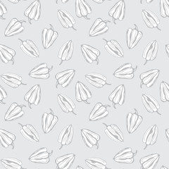 Bell pepper vector seamless pattern. White pepper with grey contour on white background