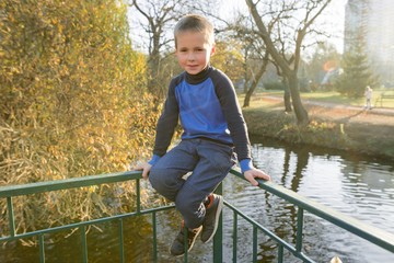 Portrait of boy child on bridge in sunny autumn park, background pond leaf fall