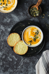Pumpkin cream soup with lentils and pumpkin seeds