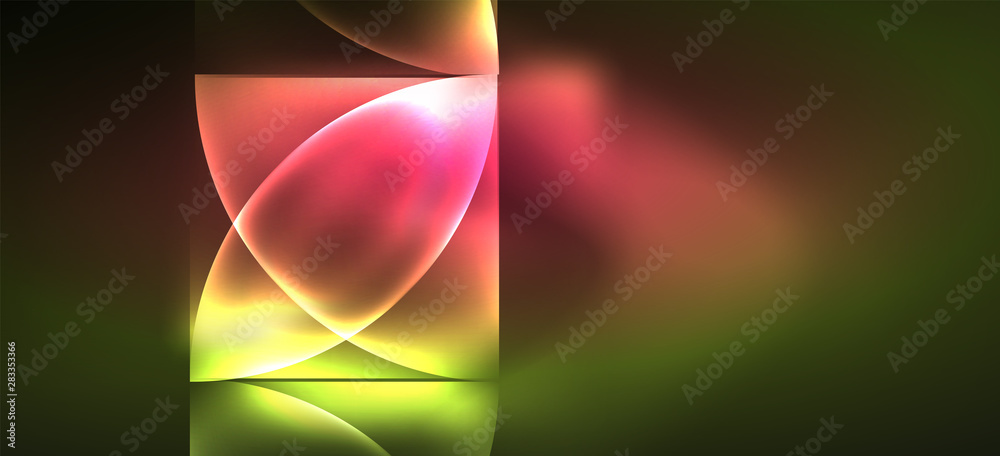 Fototapete techno glowing glass geometric shapes vector background, futuristic dark template with neon light ef