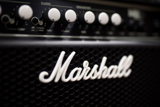 Detail of the Marshall amplifier. Marshall Amplification is an English company that designs and manufactures music equipment, founded at 1960.