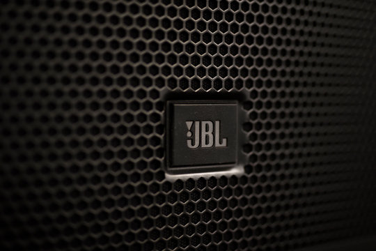 Closeup detail of JBL loudspeaker. JBL is an American loudspeakers company founded at 1947.