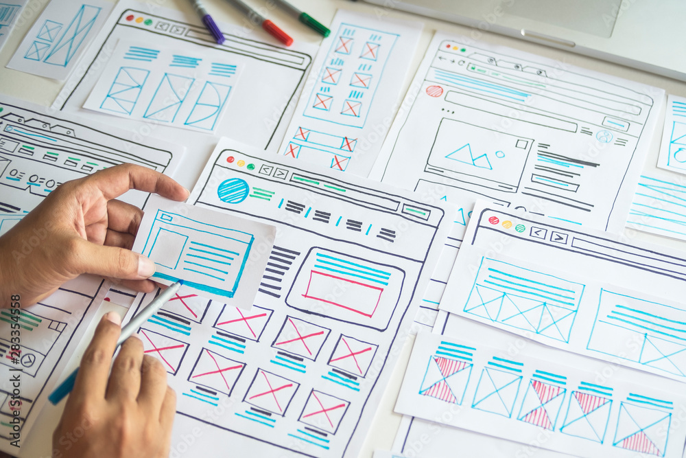 Aufkleber website designer creative planning application developer development draft sketch drawing template l
