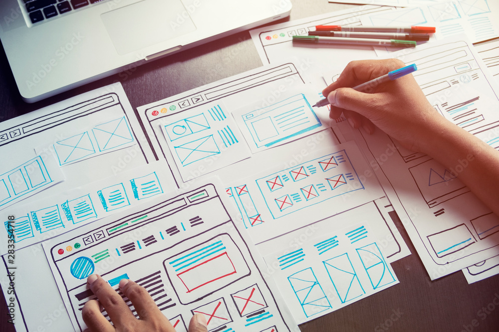 Poster Website designer Creative planning application developer development draft sketch drawing template layout prototype framework wireframe design studio . User experience concept .