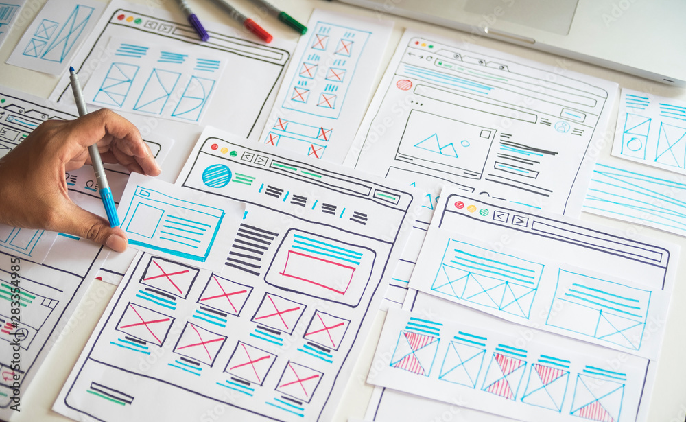 Aufkleber website designer creative planning application developer development draft sketch drawing template l