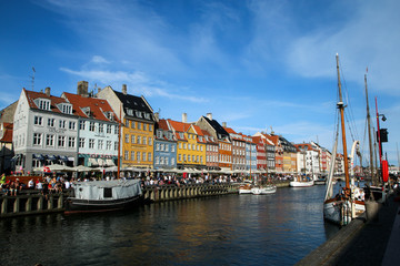 The famous beautiful Nyhavn harbor in Copenhagen in Denmark with its colorful houses. 