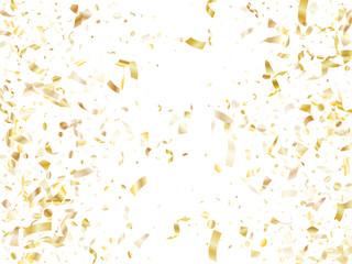 Holiday realistic gold confetti flying on black background.