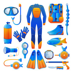 Diving, snorkelling equipment, icons, design elements, isolated on white background. Vector flat cartoon illustration.