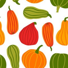 Hand draw Pumpkin Seamless Pattern in simple Doodle Style Vector Background colorful Pumpkins of different shapes and sizes isolated on white Background. Template for Halloween, Thanksgiving, Harvest
