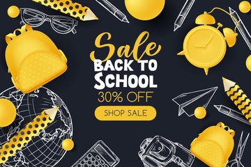 Back to school sale poster, banner design. Vector illustration of school supplies. Creative modern education concept.