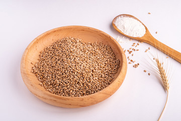 Wheat seeds grains in wooden bowl near with flour in spoon spatula with heap of grains and with ear of wheat, angle view, isolated on white background, copy space