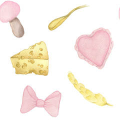 Hand drawn watercolor illustration forest flora and fauna pattern. forest objects on the flat white background.