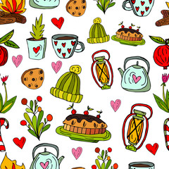 Seamless cute pattern in Scandinavian style on a white background. Cherry pie, knitted hat, cup with silver eggs, teapot, flowers and vintage lantern on a white back. Collection of hand-drawn elements