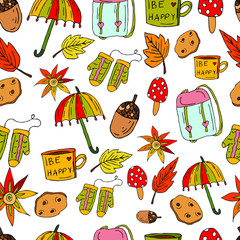 Seamless cute pattern in Scandinavian style. Umbrella, mittens, flowers, autumn leaves, a backpack, an acorn, a cup on a white background. Collection of elements drawn by hand. Back to school.