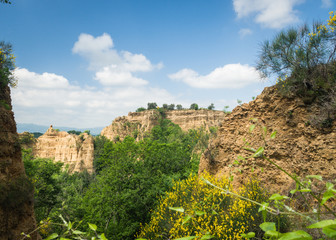 Aerial view of Le Balze canyon landscape in Valdarno, Italy