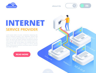 isometric vector image in the form of a landing on a white background, a man includes a toggle switch connected to a network of computers, laptops on large platforms, an Internet provider