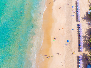 Fototapeta na wymiar Sea beach azure water with coconut palm tree aerial view