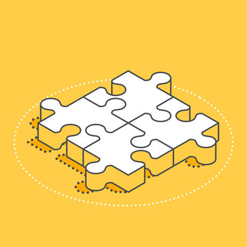 Isometric Vector Image On A Yellow Background, Four Pieces Puzzle, Business Concept Icon