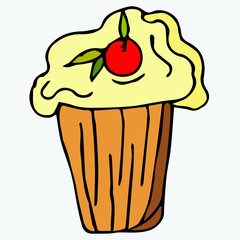 Cherry muffin with cream. Collection of elements drawn by hand. Isolate on white.