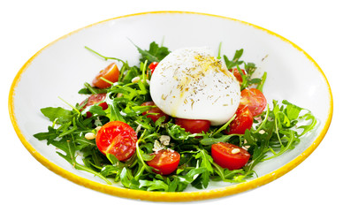 Fototapeta na wymiar Image of salad with burrata italian cheese, arugula and cherry tomatoes