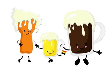 family of three beers. light, dark and not crafting. White background with german flag. characters with eyes, legs and a snoop.