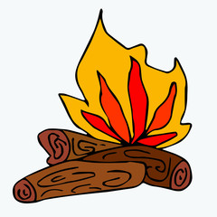 Bonfire, burning firewood. A collection of elements drawn by hand. Isolate on white.